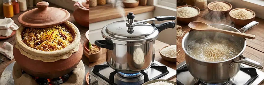 Dum vs Pressure Cooker vs Open Pot: Which Cooking Method Suits Which Rice?