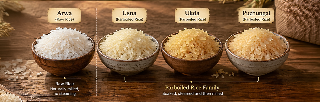 Raw Rice vs Parboiled Rice: Arwa, Usna, Ukda and Puzhungal Explained