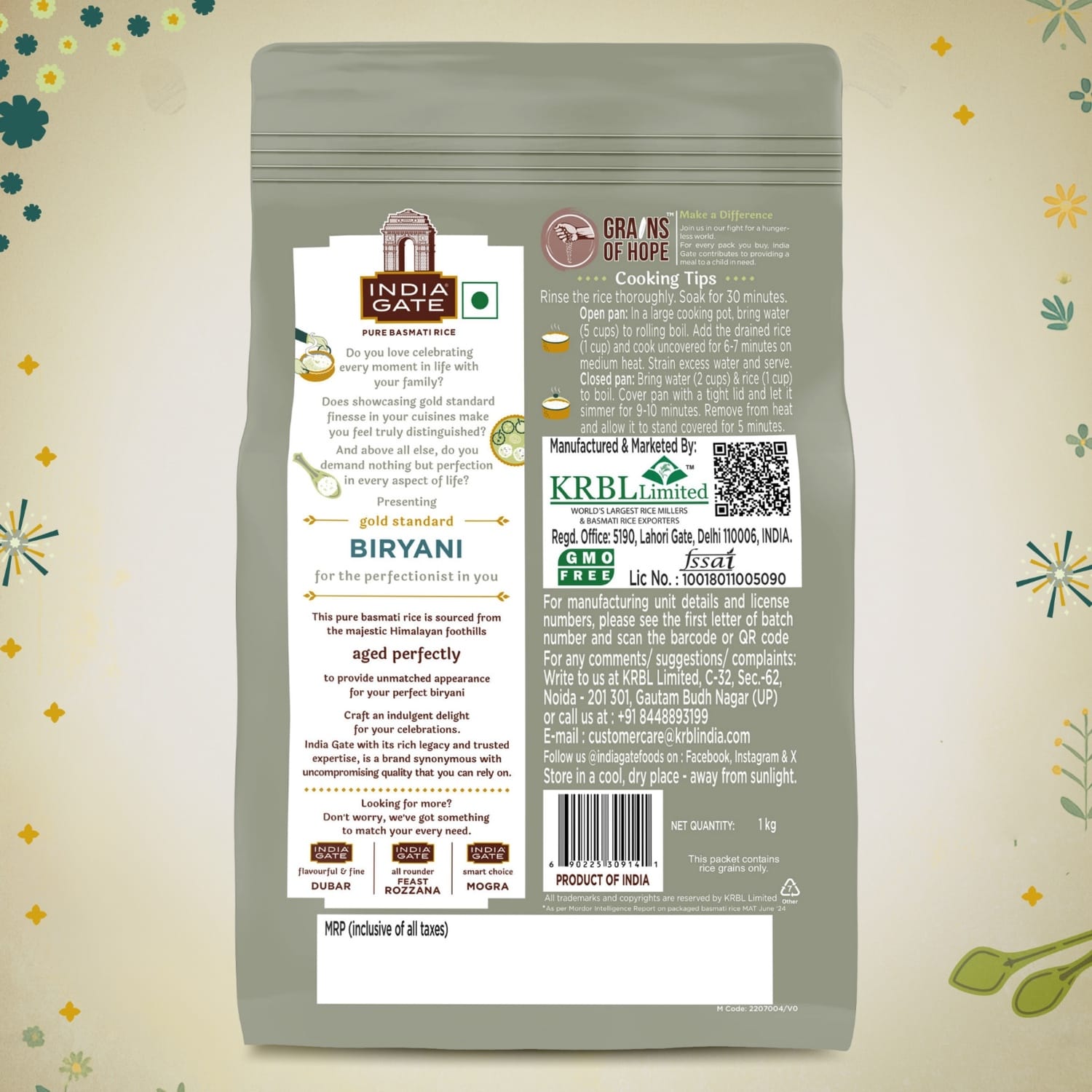 India Gate Biryani Basmati Rice 1kg, pack back