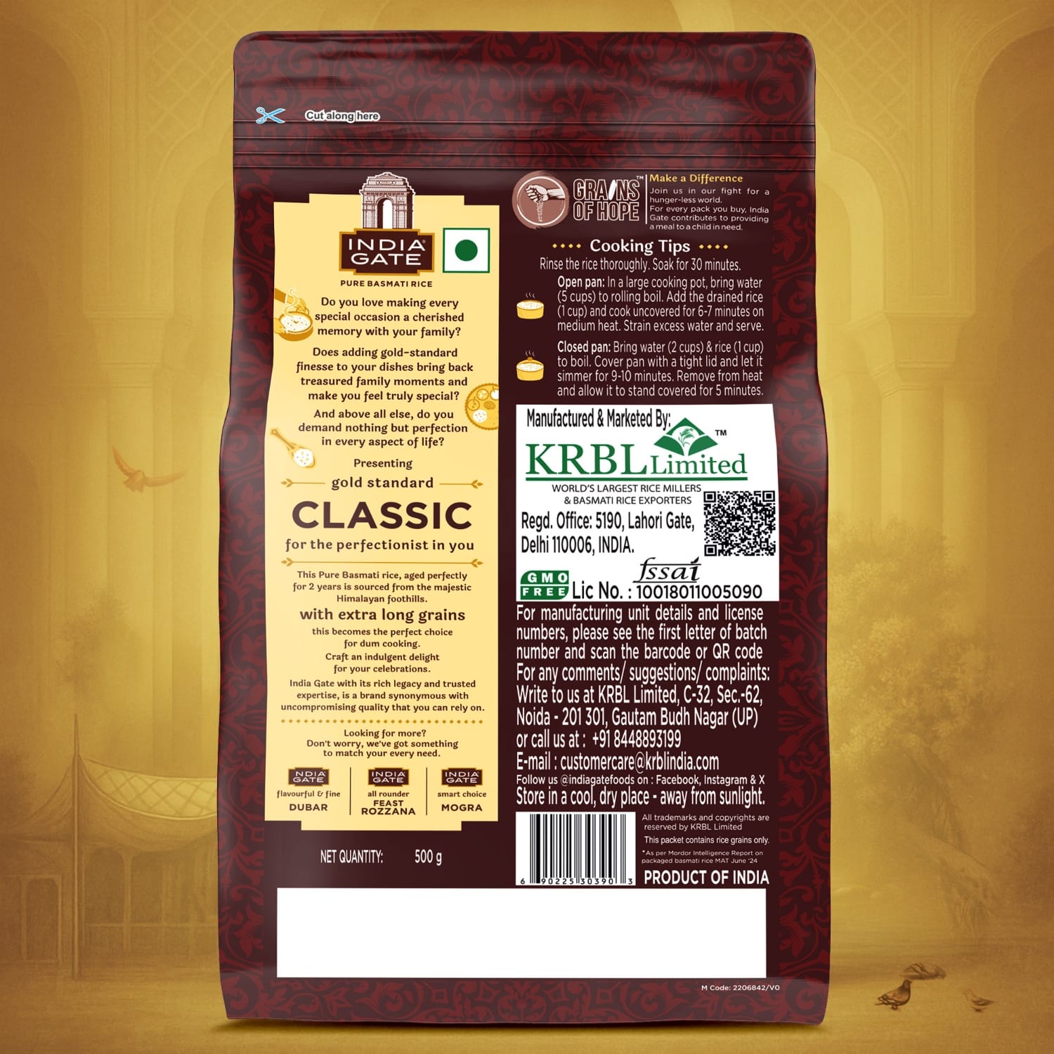 India Gate Classic Basmati Rice 500g, pack back