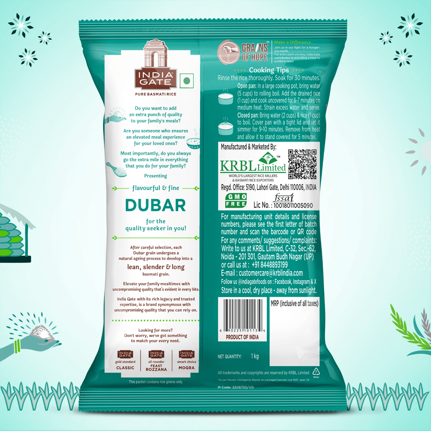 India Gate Biryani Basmati Rice 1kg, pack back