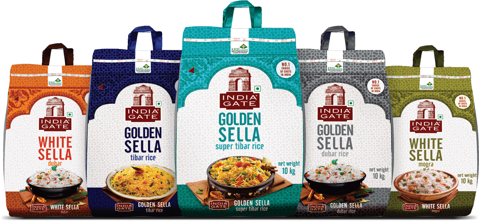 The India Gate Sella broken grain range, five 10kg packs lined up