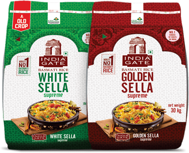 The India Gate Sella long grain range, the white and golden 30kg Supreme packs