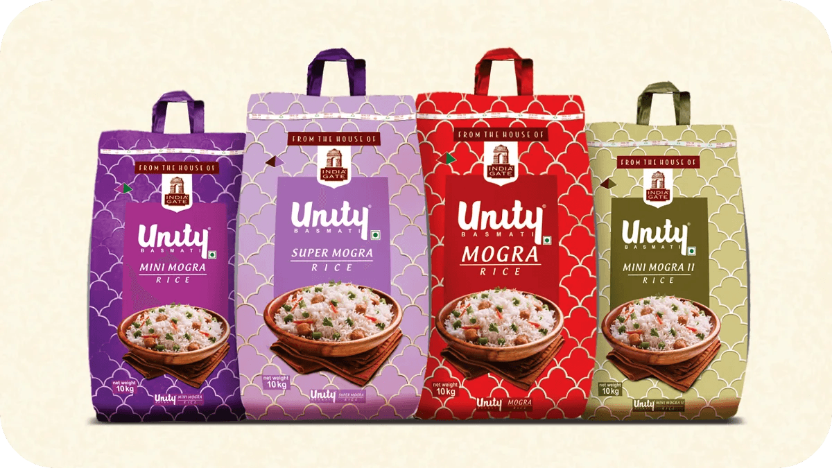 The India Gate Unity Economy range packs lined up