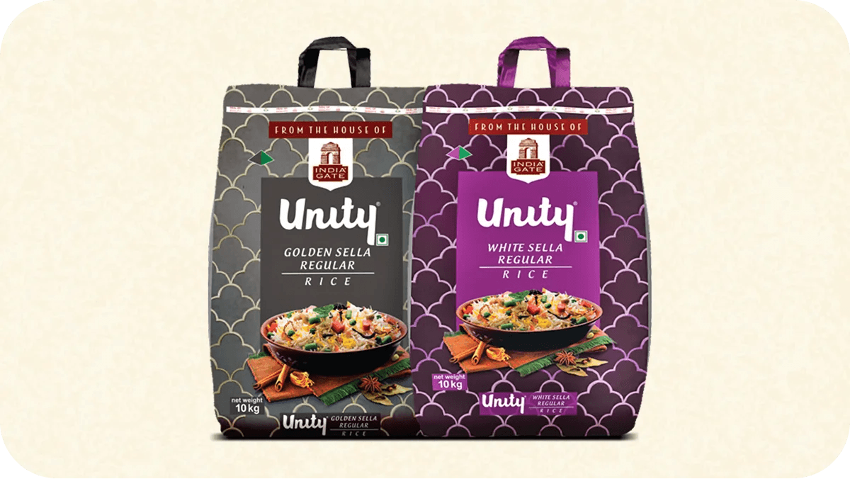 The India Gate Unity Sella Regular range, golden and white packs