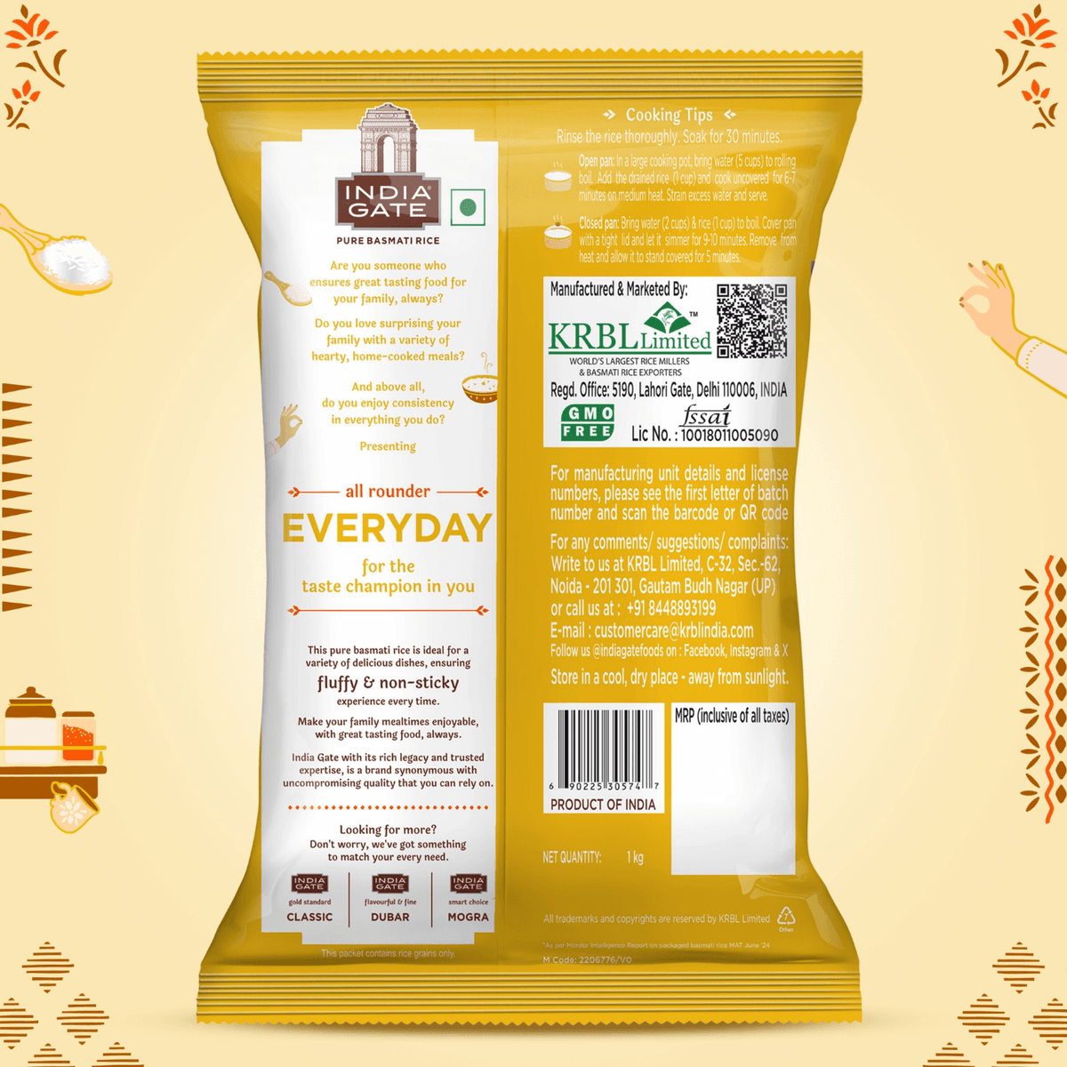 India Gate Biryani Basmati Rice 1kg, pack back