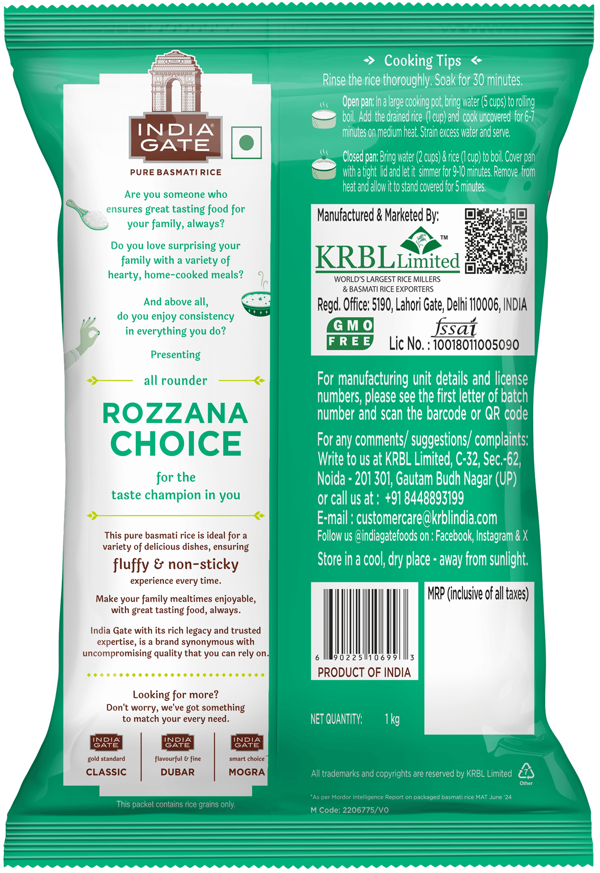 India Gate Biryani Basmati Rice 1kg, pack back