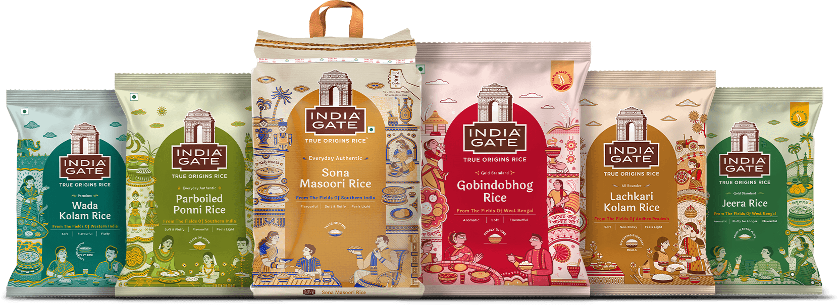 India Gate True Origins rice range, Wada Kolam, Parboiled Ponni, Sona Masoori, Gobindobhog, Lachkari Kolam and Jeera packs
