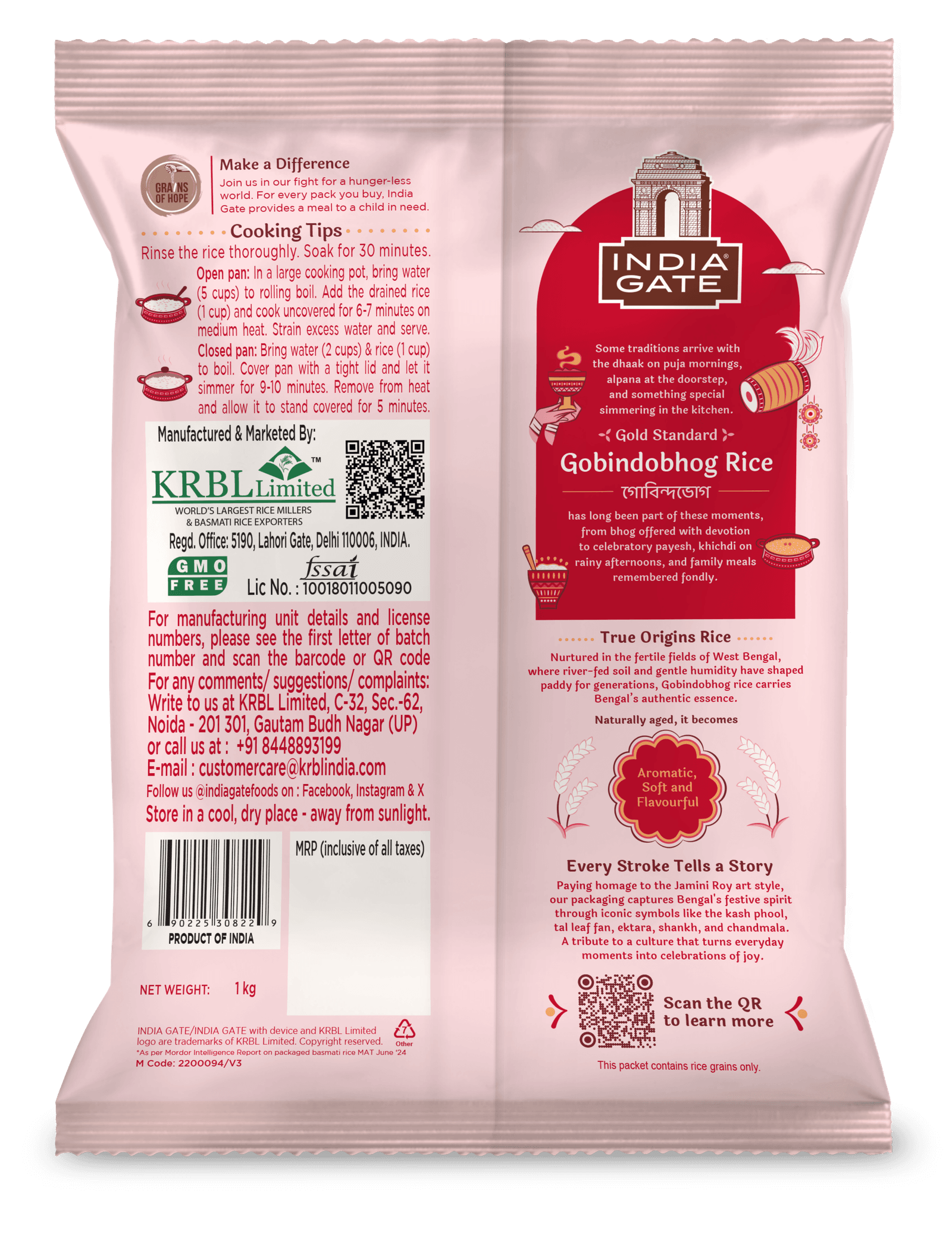India Gate True Origins Gobindobhog Rice, pack back