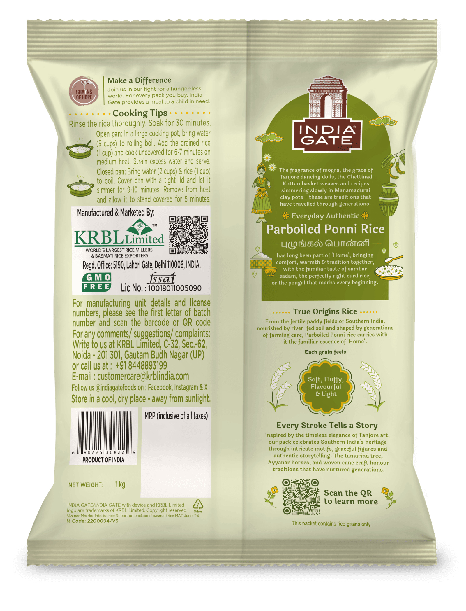 India Gate True Origins Parboiled Ponni Rice, pack back