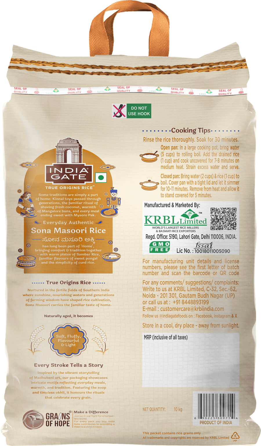 India Gate True Origins Sona Masoori Rice, pack back