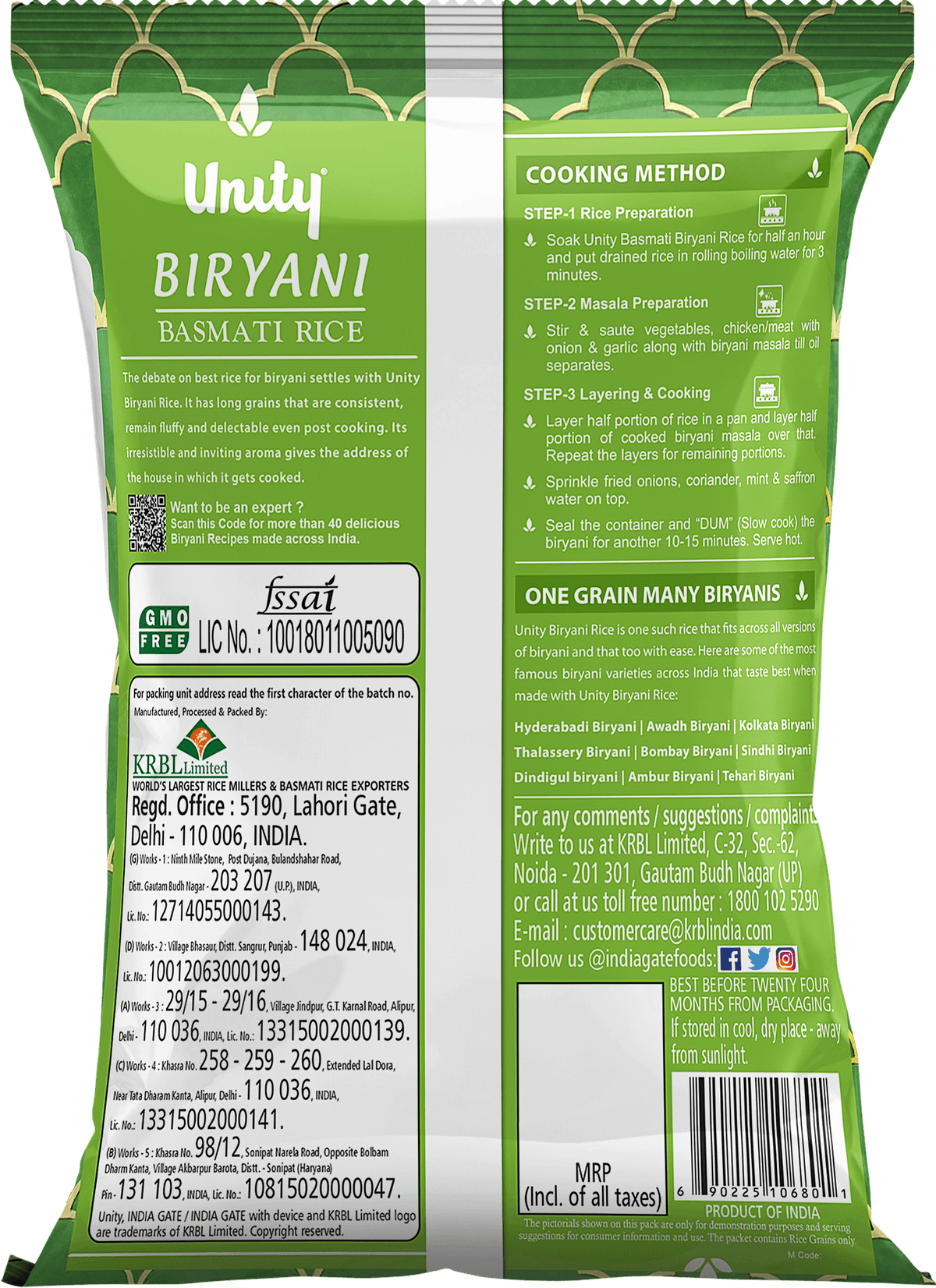 India Gate Unity Biryani Rice 1kg pack, back